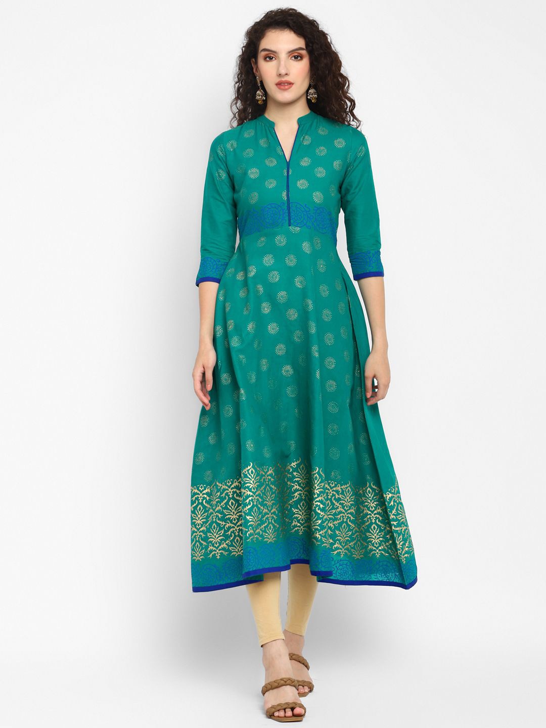 

CROESUS Women Block Printed Cotton Anarkali Kurta, Teal