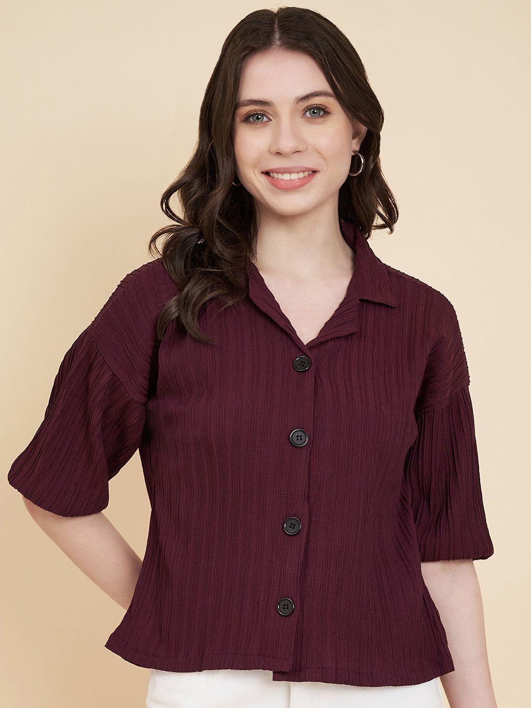 

HERE&NOW Women Classic Boxy Opaque Striped Casual Shirt, Brown