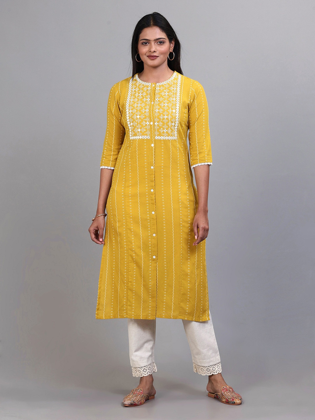 

Vismay Embroidered Round Neck Kurtas, Yellow