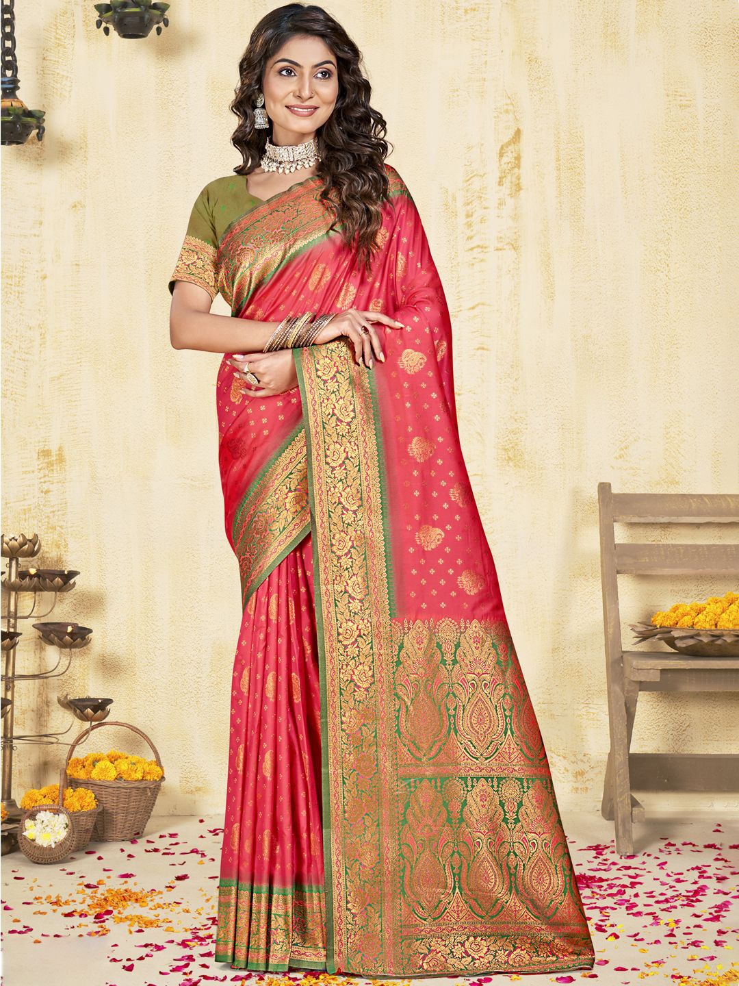 

SANGAM PRINTS Woven Design Silk Blend Designer Tussar Saree, Pink