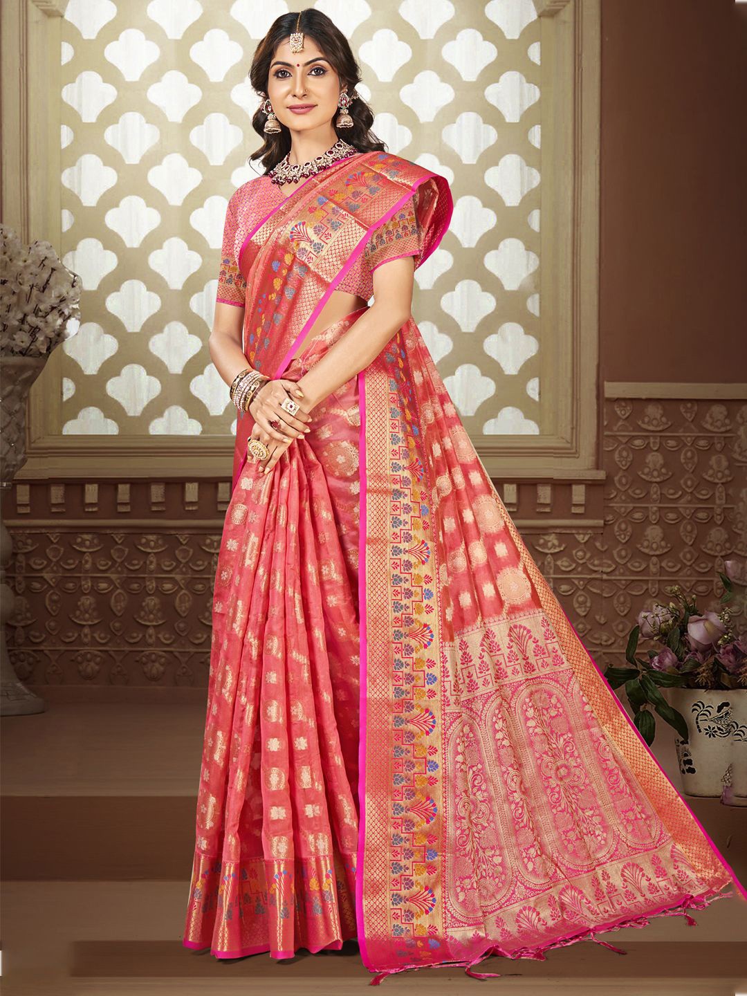

SANGAM PRINTS Woven Design Zari Silk Blend Designer Tussar Saree, Pink