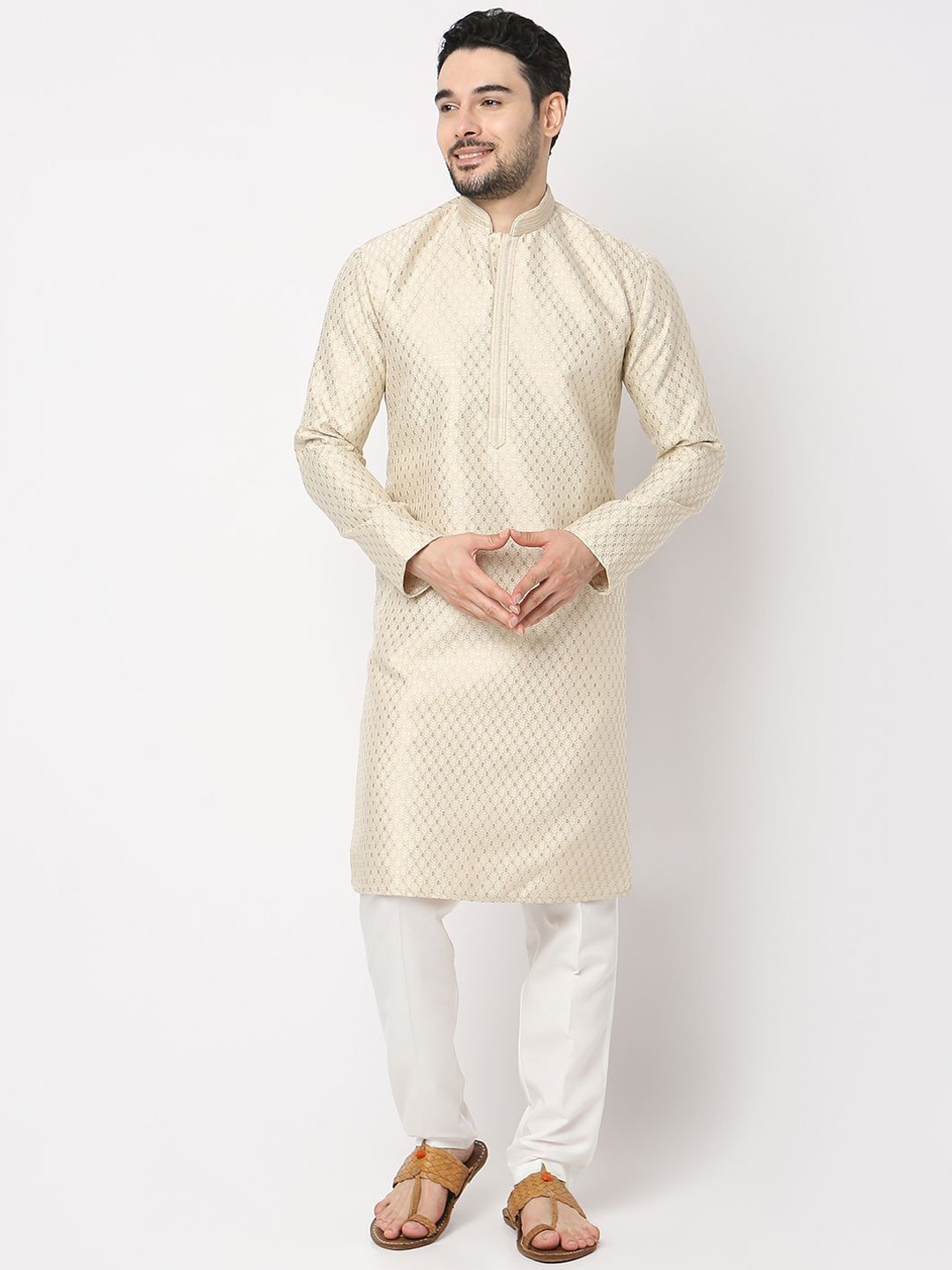 

Ethnicity Men Regular Thread Work Kurta with Trousers, Beige