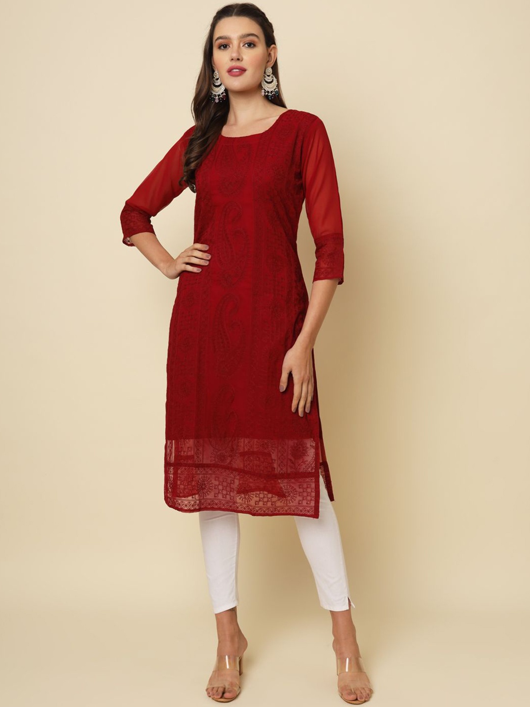 

HERE&NOW Women Floral Embroidered Thread Work Georgette Kurta, Maroon