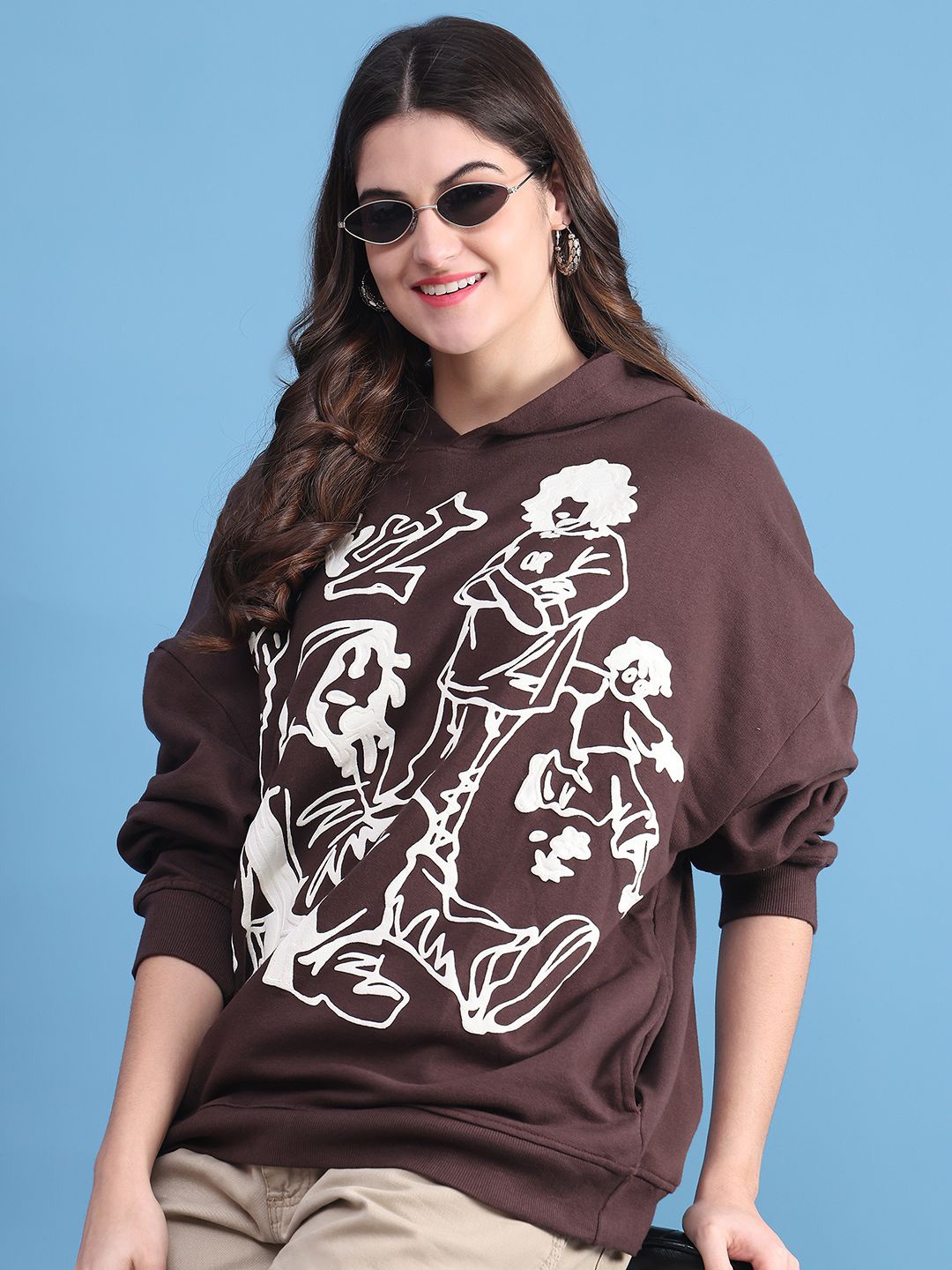 

DOOR74 Women Printed Hooded Pullover Sweatshirt, Brown