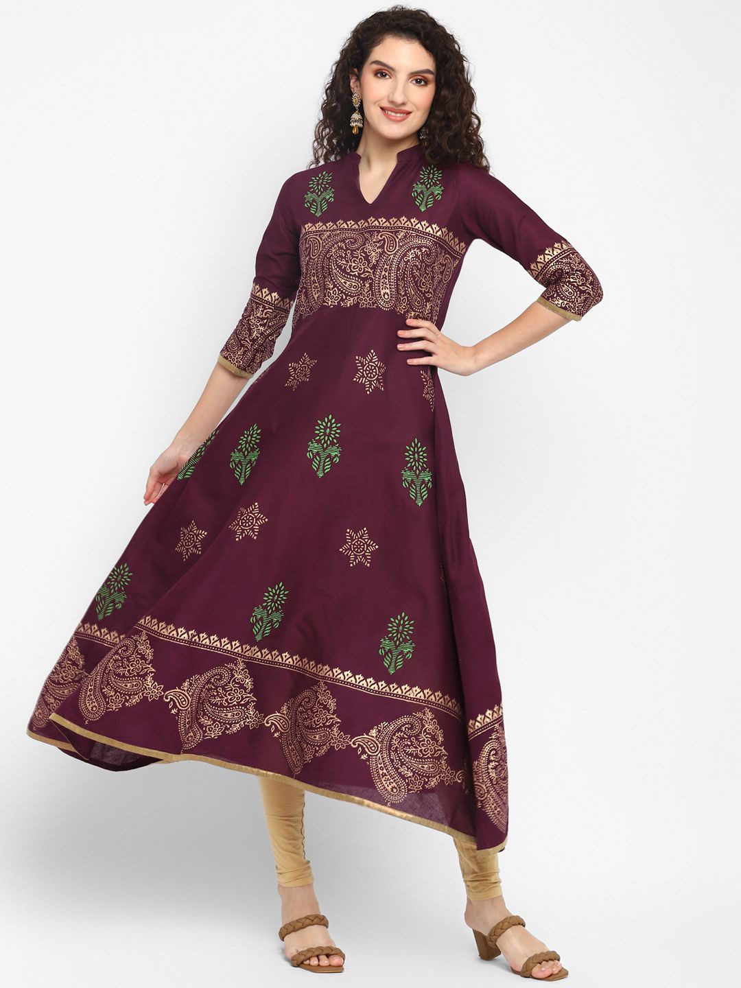 

CROESUS Women Block Printed Cotton Anarkali Kurta, Maroon