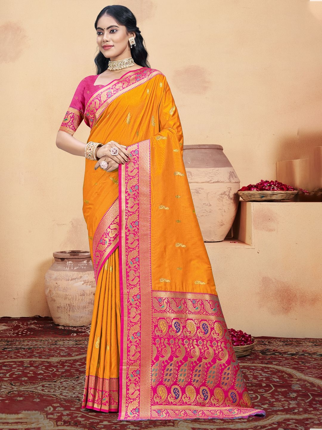 

SANGAM PRINTS Woven Design Zari Silk Blend Tussar Saree, Mustard