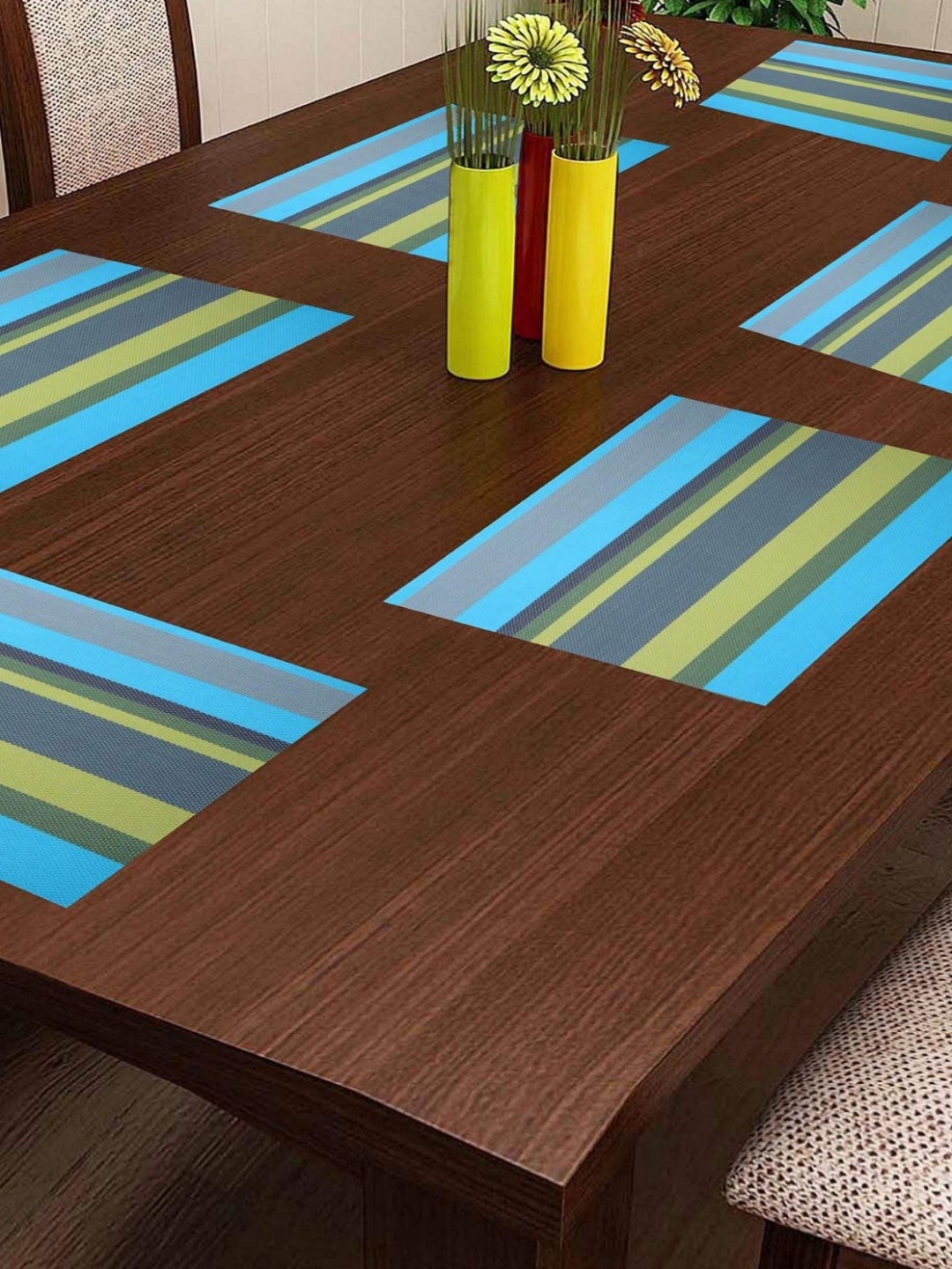 

Lushomes Blue & Yellow 6 Pieces Striped Cotton Table Placemats