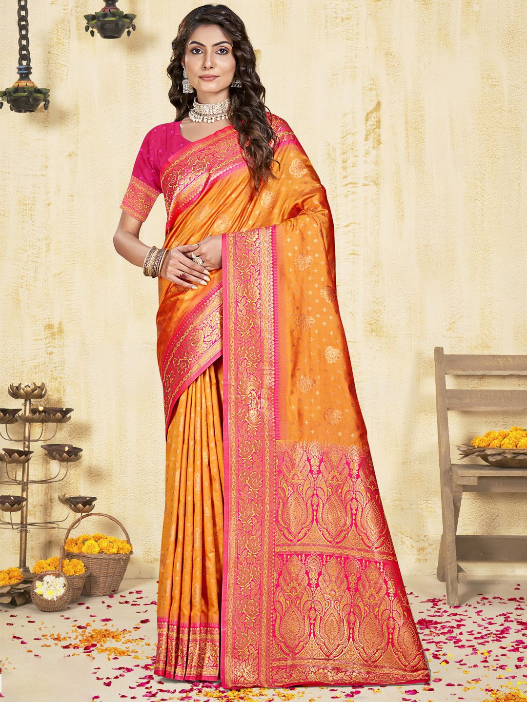 

SANGAM PRINTS Woven Design Zari Silk Blend Tussar Saree, Orange