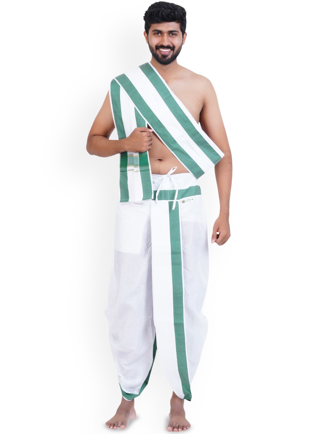 

Ethazh Mens Cotton Fancy Pate-Green Border Solid White Panchakacham with Angavasthiram