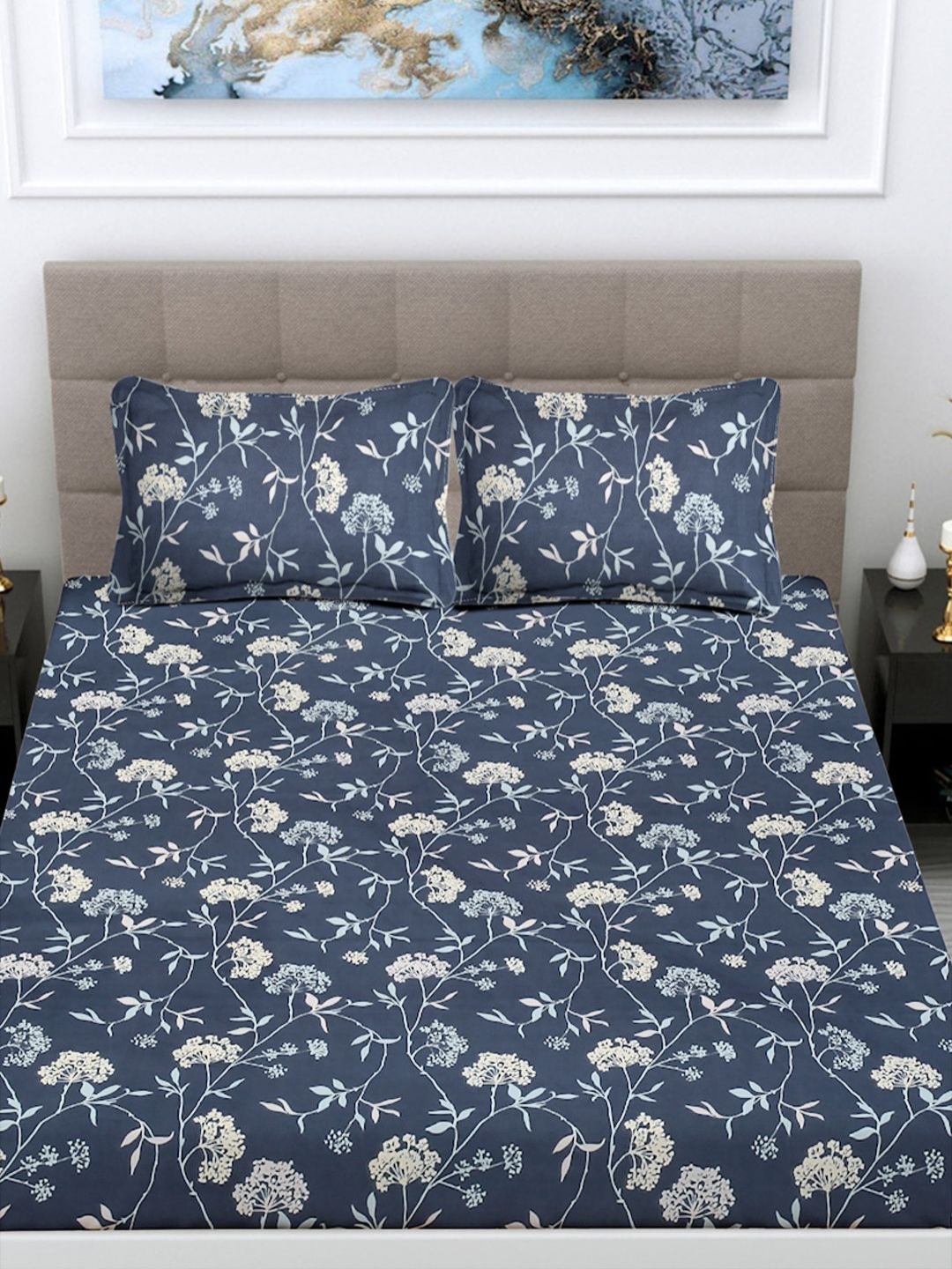 

FABINALIV Blue Floral Printed 300 TC Fitted King Bedsheet Set 2.50m X 2.25m