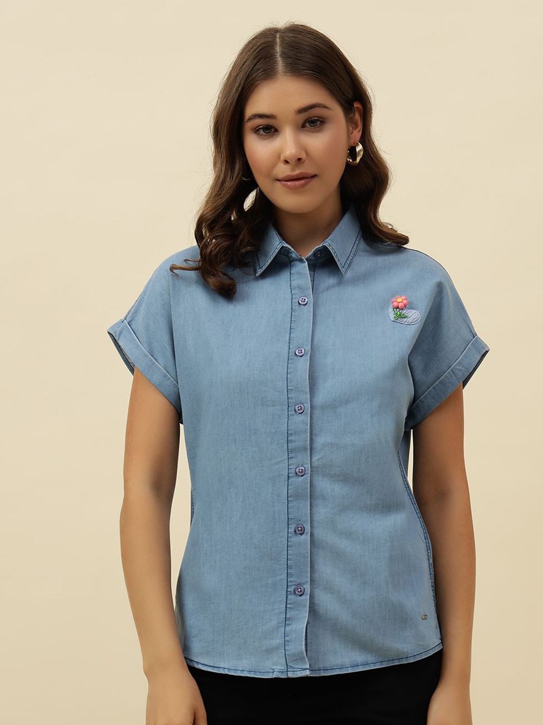 

Beatnik Women Classic Spread Collar Solid Denim Casual Shirt, Blue