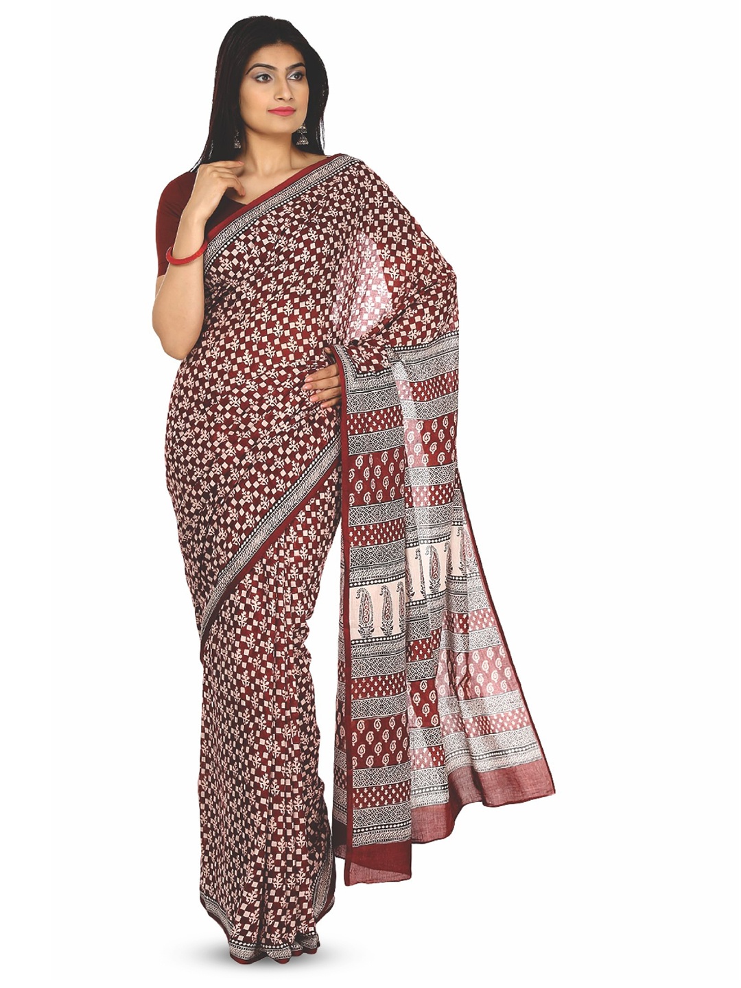 

Kalakari India Floral Pure Cotton Bagh Saree, Maroon