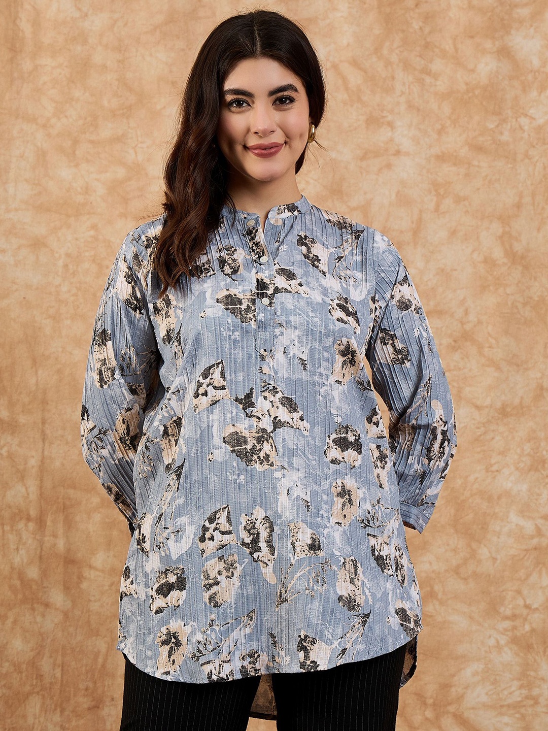 

Anouk Women Printed Mandarin Collar Tunic, Blue