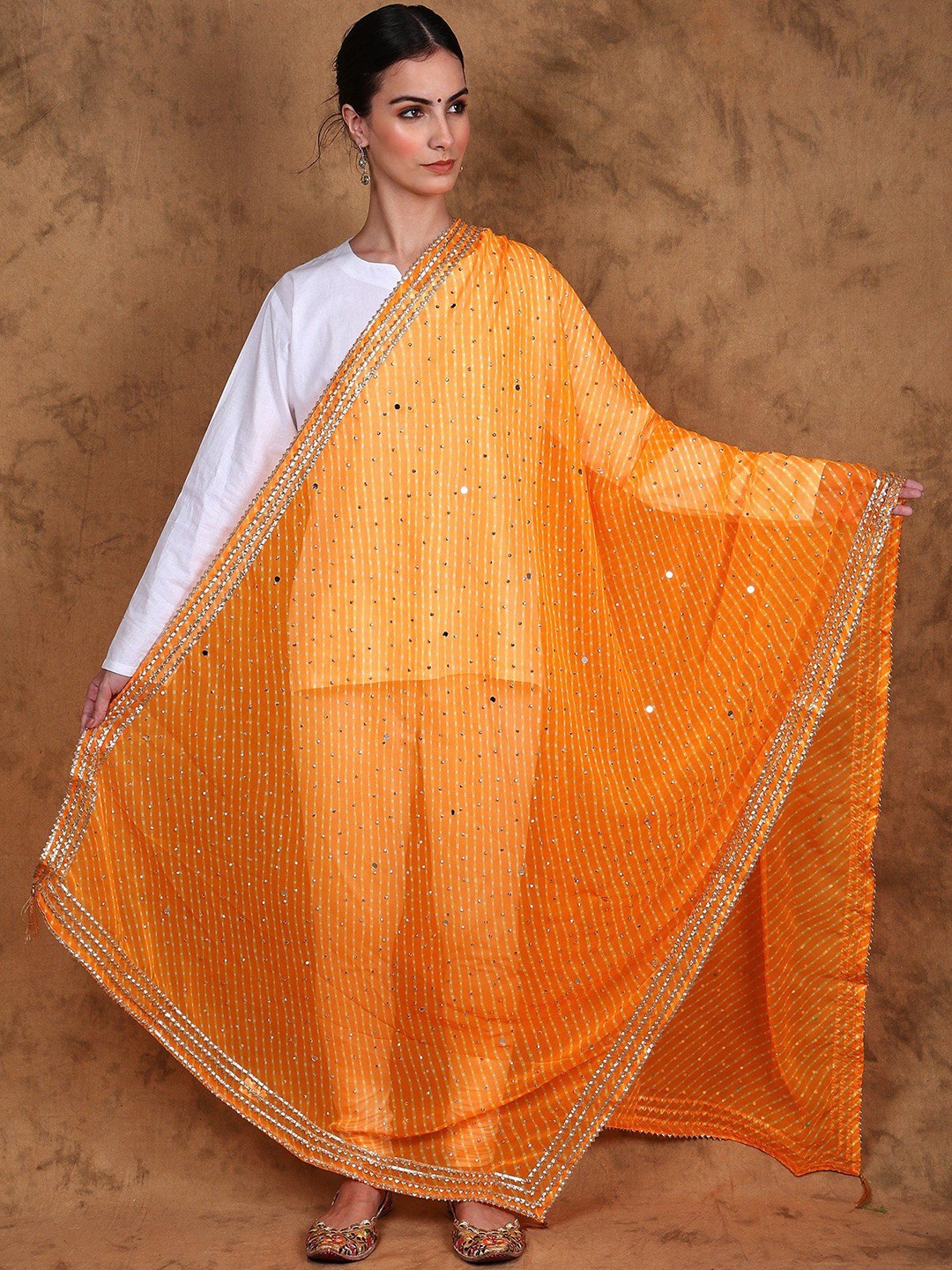 

Exotic India Striped Leheriya Dupatta with Mirror Work, Orange