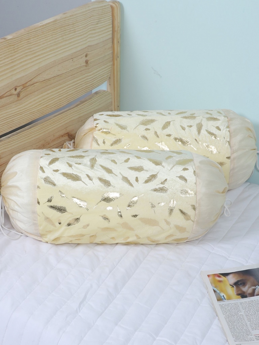 

MFD HOME FURNISHING Set Of 2 Cream & Gold Printed Bolster Covers