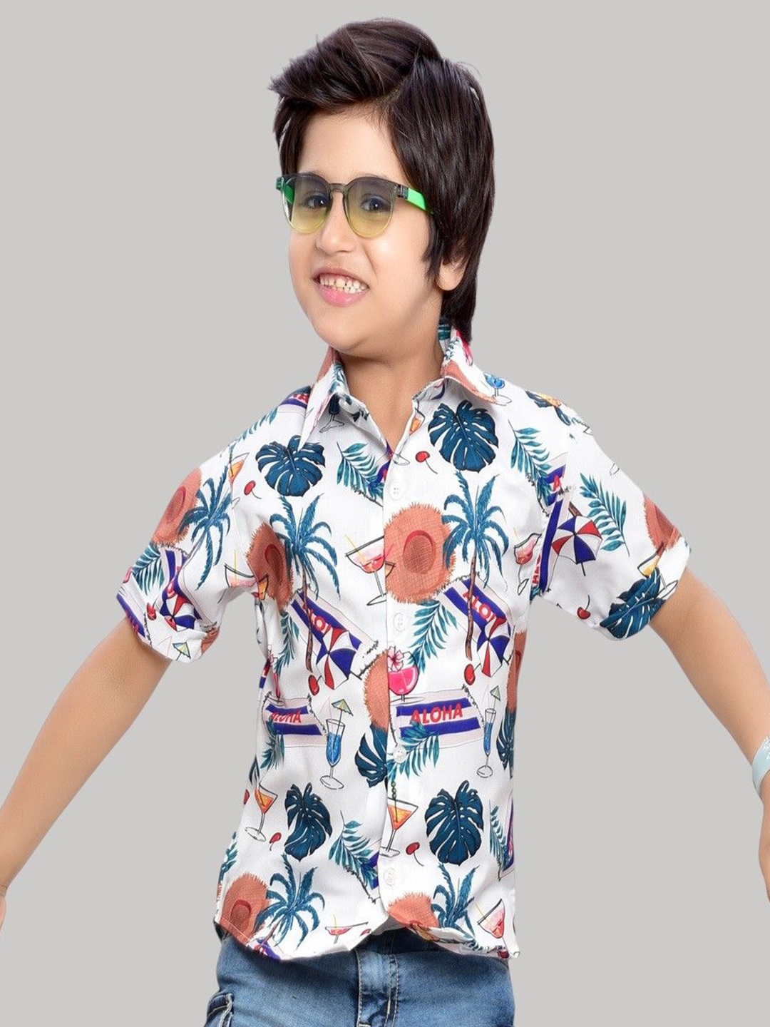 

BAESD Boys Comfort Spread Collar Floral Printed Cotton Casual Shirt, White