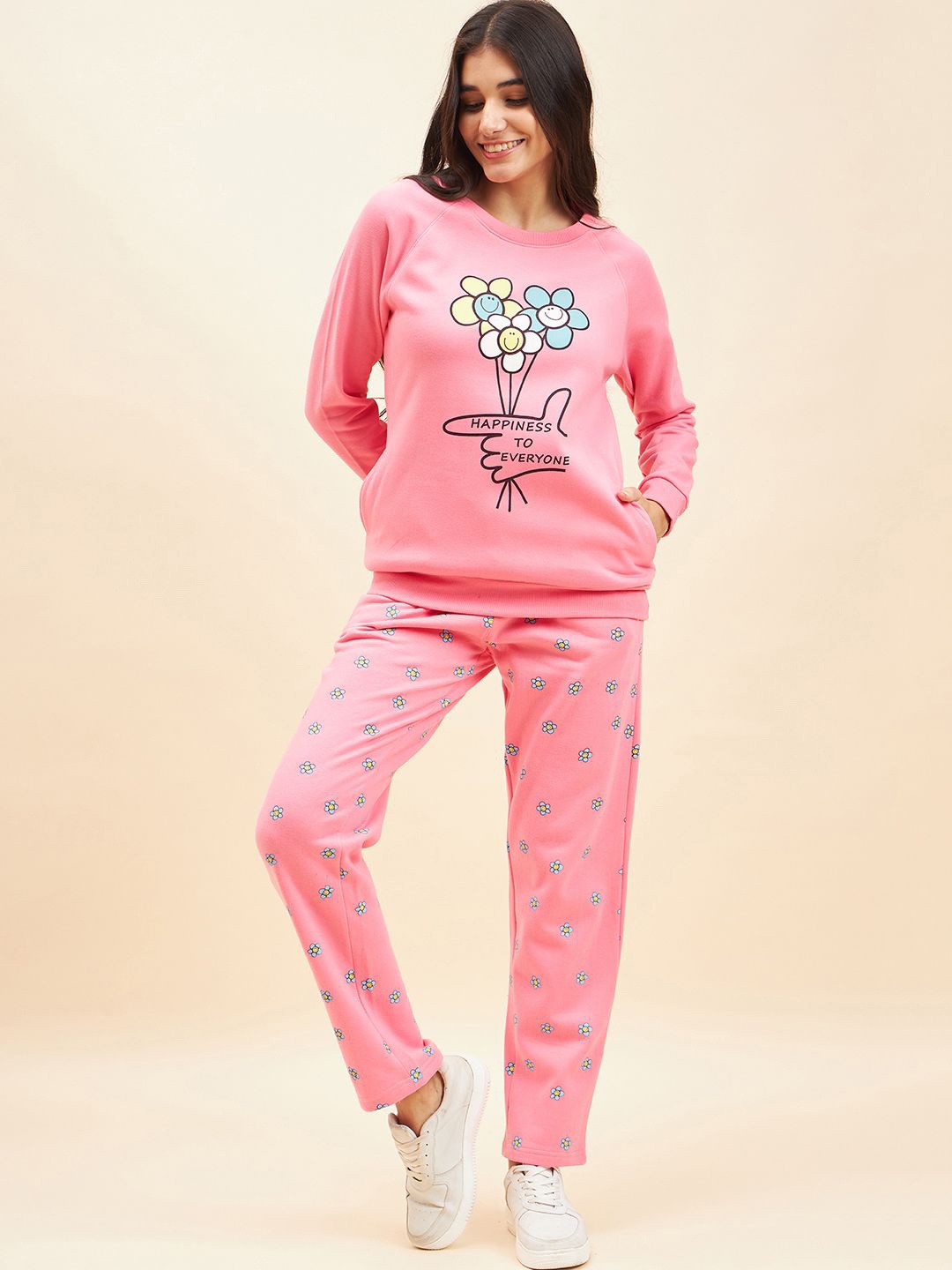 

July Printed Round Neck T-Shirt With Trouser Co-Ords, Pink