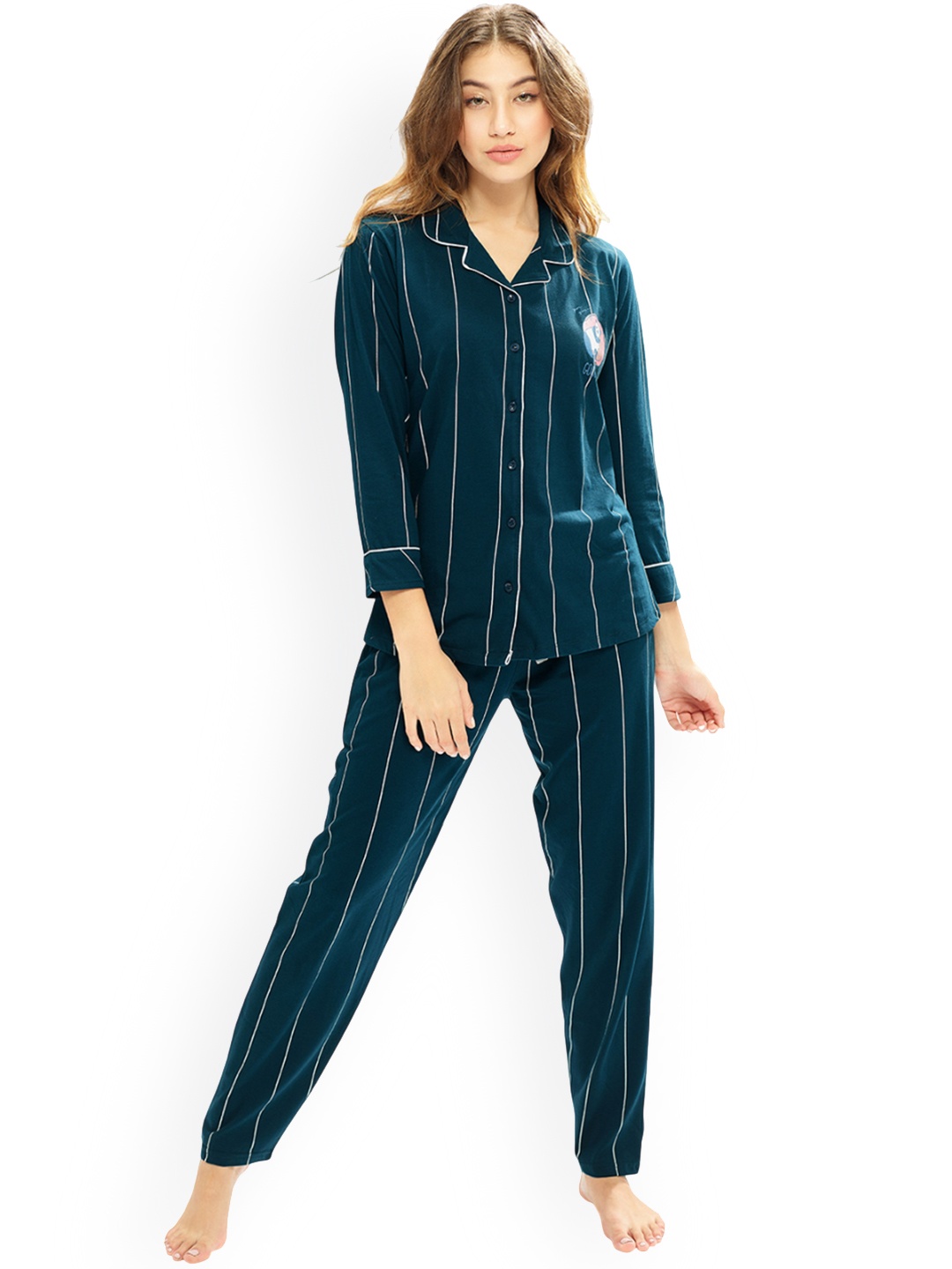 

Lotik Women Striped Lapel Collar Night suit, Teal