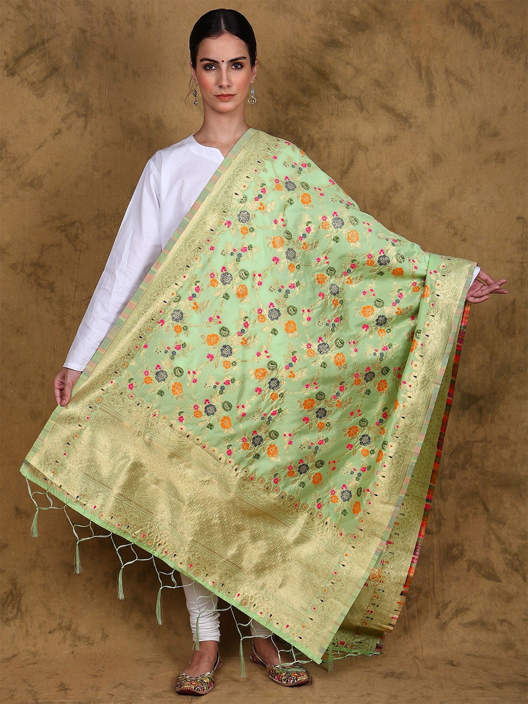 

Exotic India Light-Green Art Silk Dupatta with All-Over Brocaded Multicolor Floral Vines