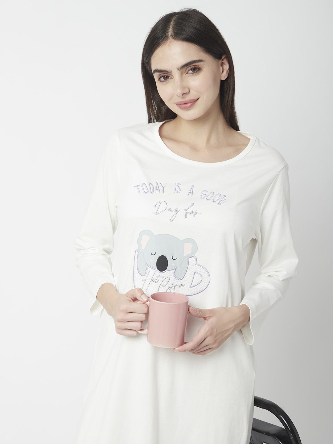 

R&B Women Graphic Printed Pure Cotton T-shirt Nightdress, White
