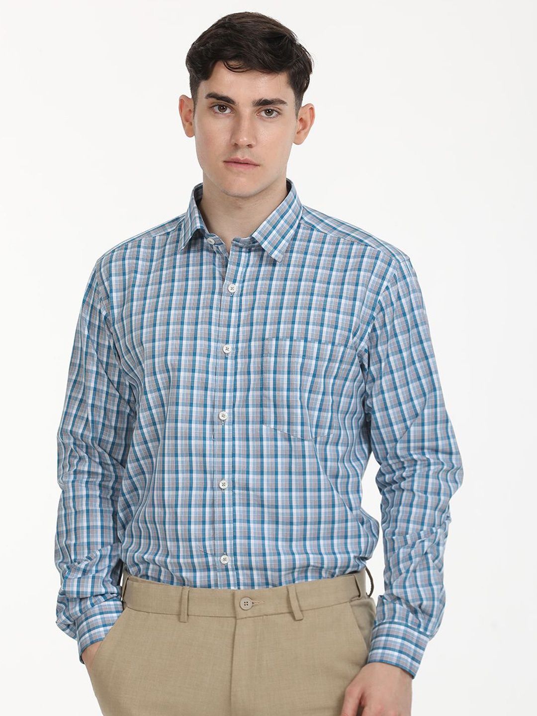 

Copperline Men Comfort Opaque Checked Formal Shirt, Blue