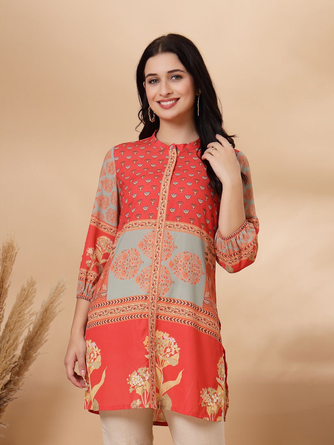 

Nayam By Lakshita Printed Mandarin Collar Tunic, Orange