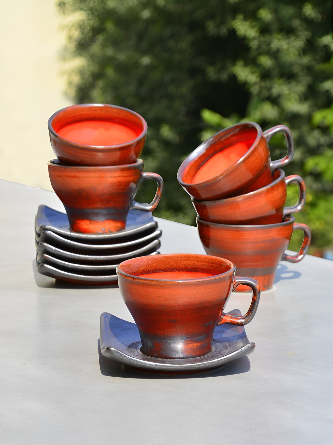 

StyleMyWay 12 Pcs Ceramic Red Studio Pottery Cup and Saucer Set - 200 ml