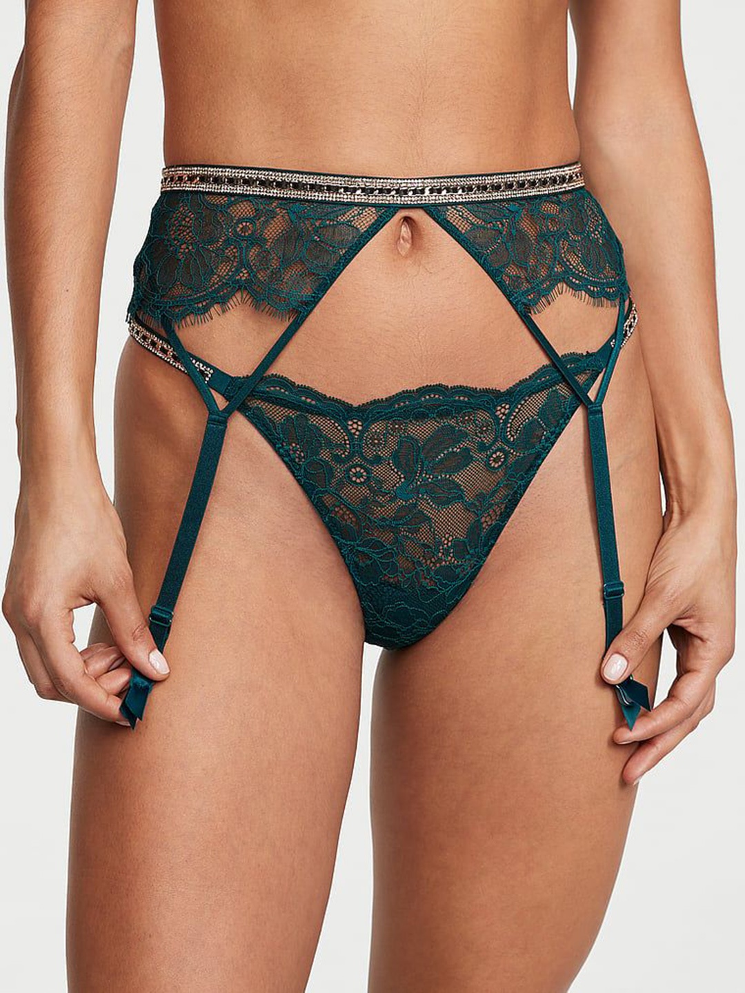 

Victoria's Secret Very Sexy Shine Chain Strap Lace Garter Belt 112217782Y3B, Green