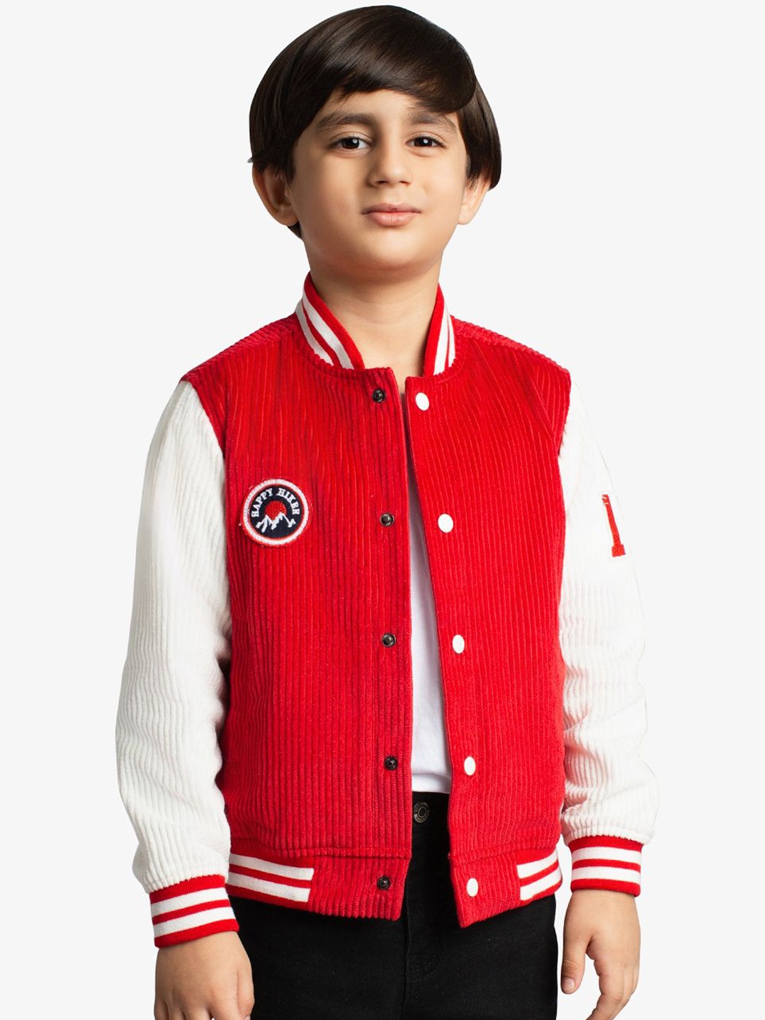 

Ed-a-Mamma Boys Typography Corduroy Outdoor Varsity Jacket with Patchwork, Red