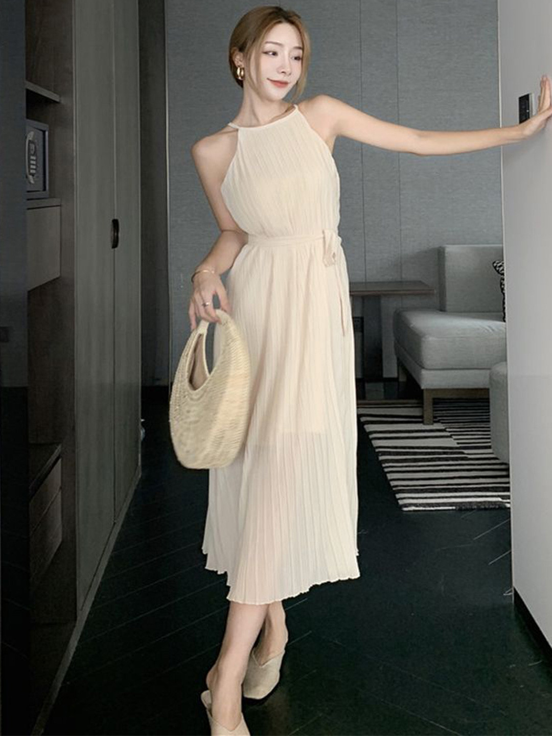 

LULU & SKY Pleated A-Line Midi Dress, Off white