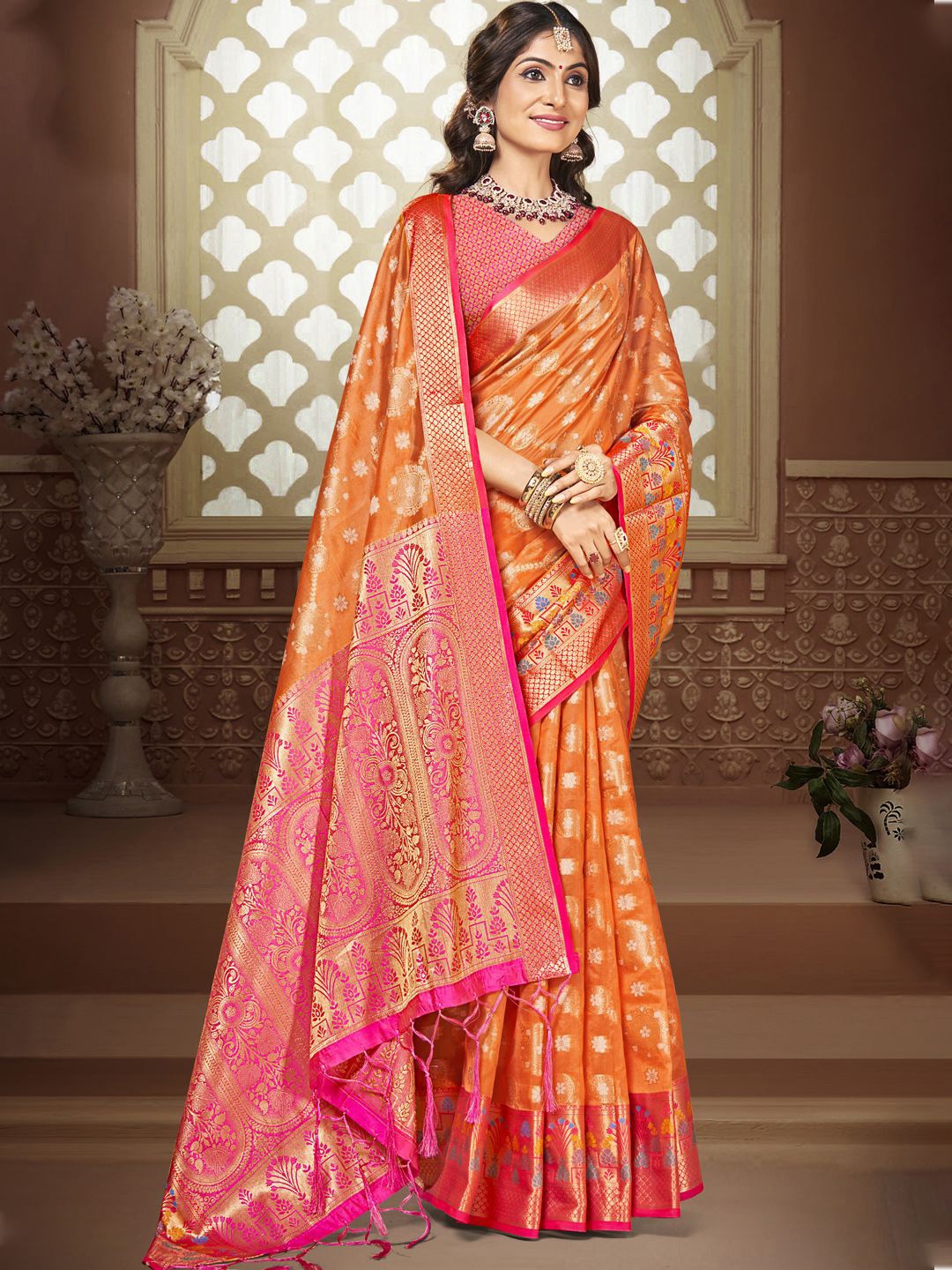 

SANGAM PRINTS Woven Design Zari Silk Blend Designer Tussar Saree, Orange