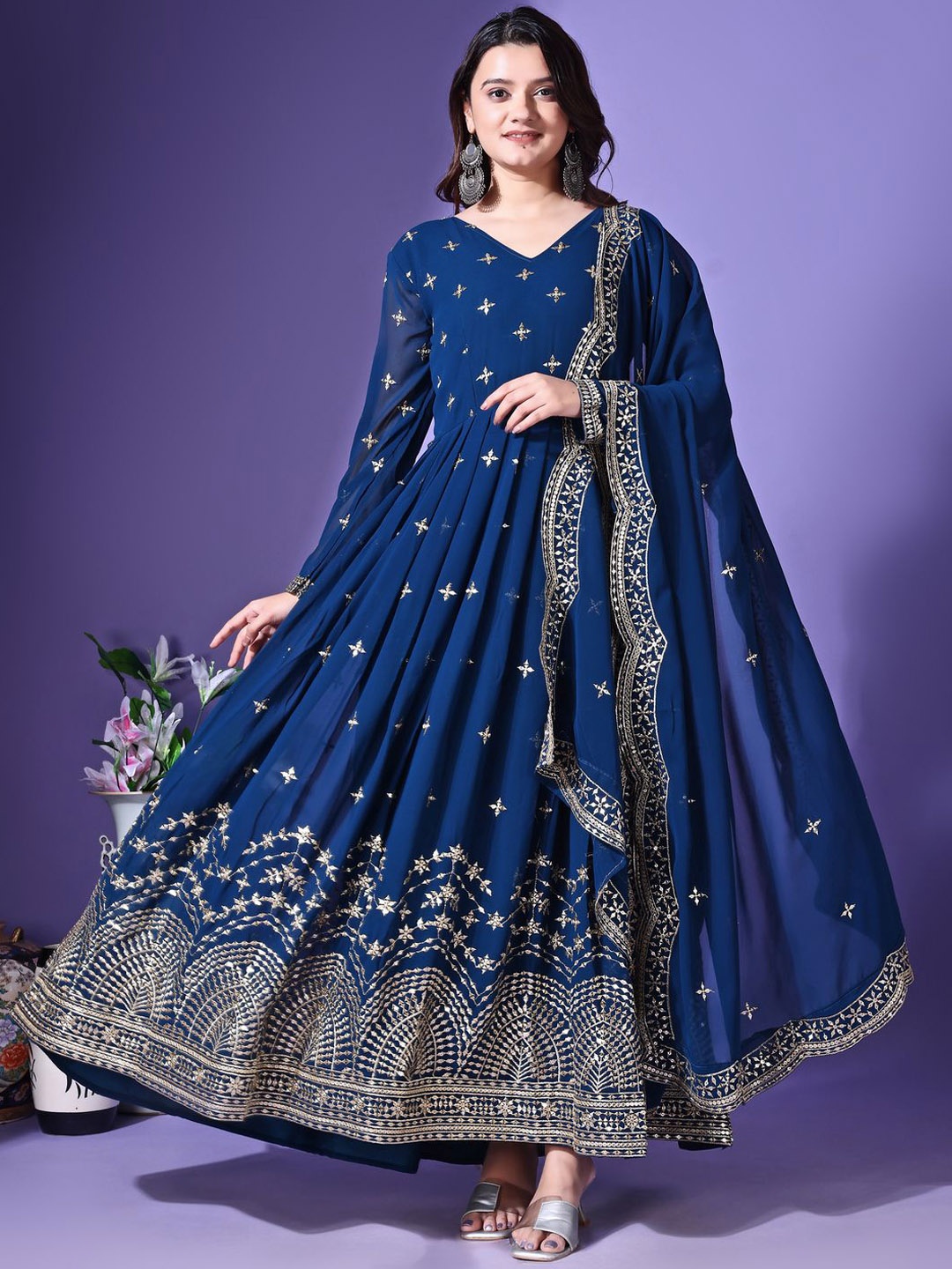 

YOYO Fashion Embroidered Fit & Flared Ethnic Dress, Turquoise blue