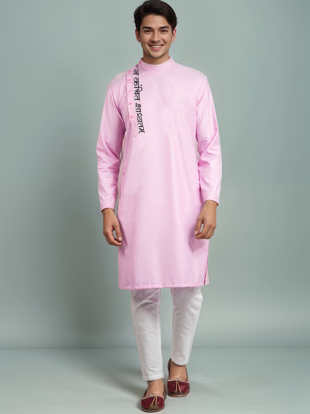 

DEVOILER Men Ethnic Motifs Printed Thread Work Kurta, Pink