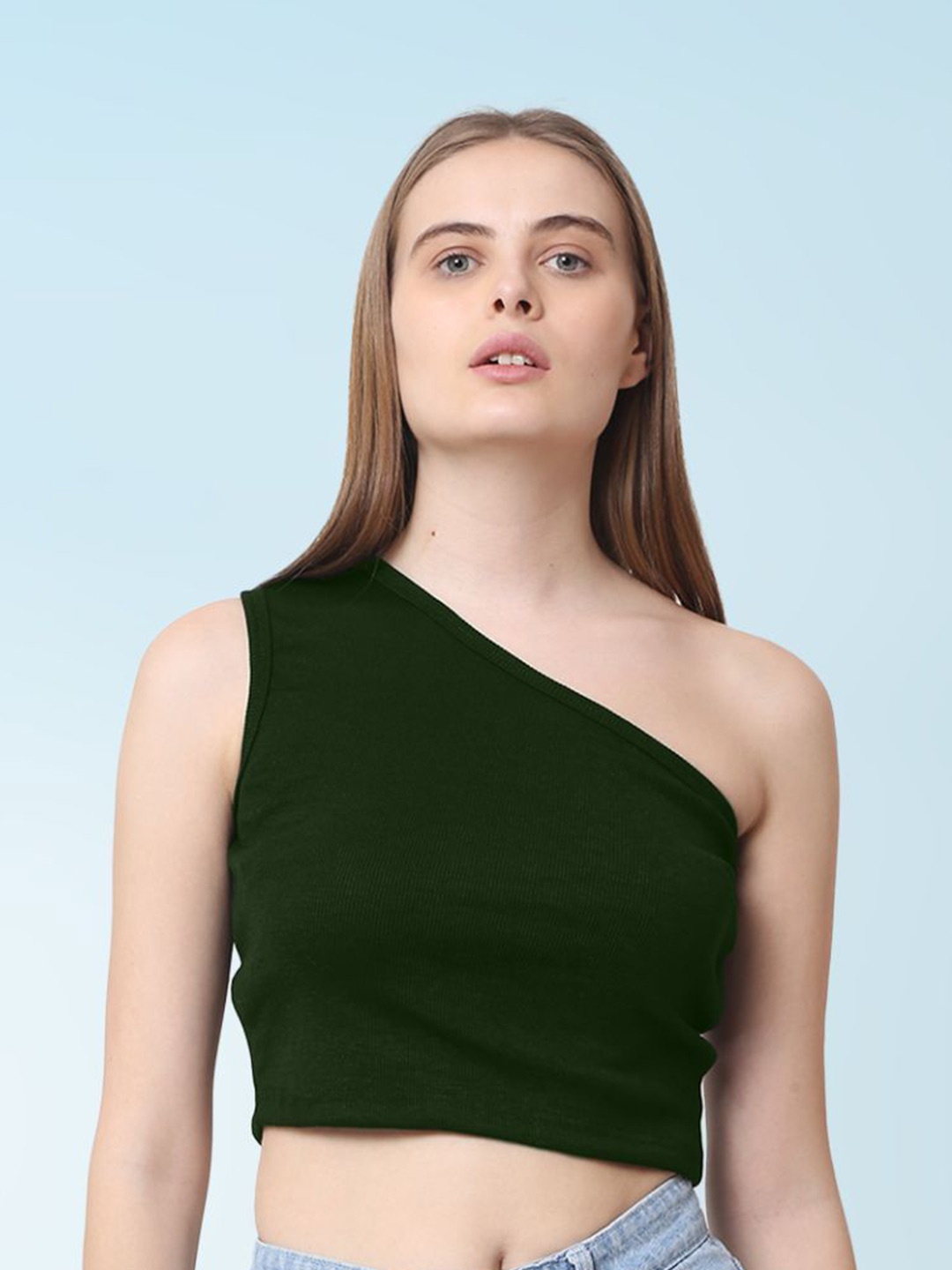 

CareDone Women One Shoulder Sleeveless Casual Crop Top, Olive