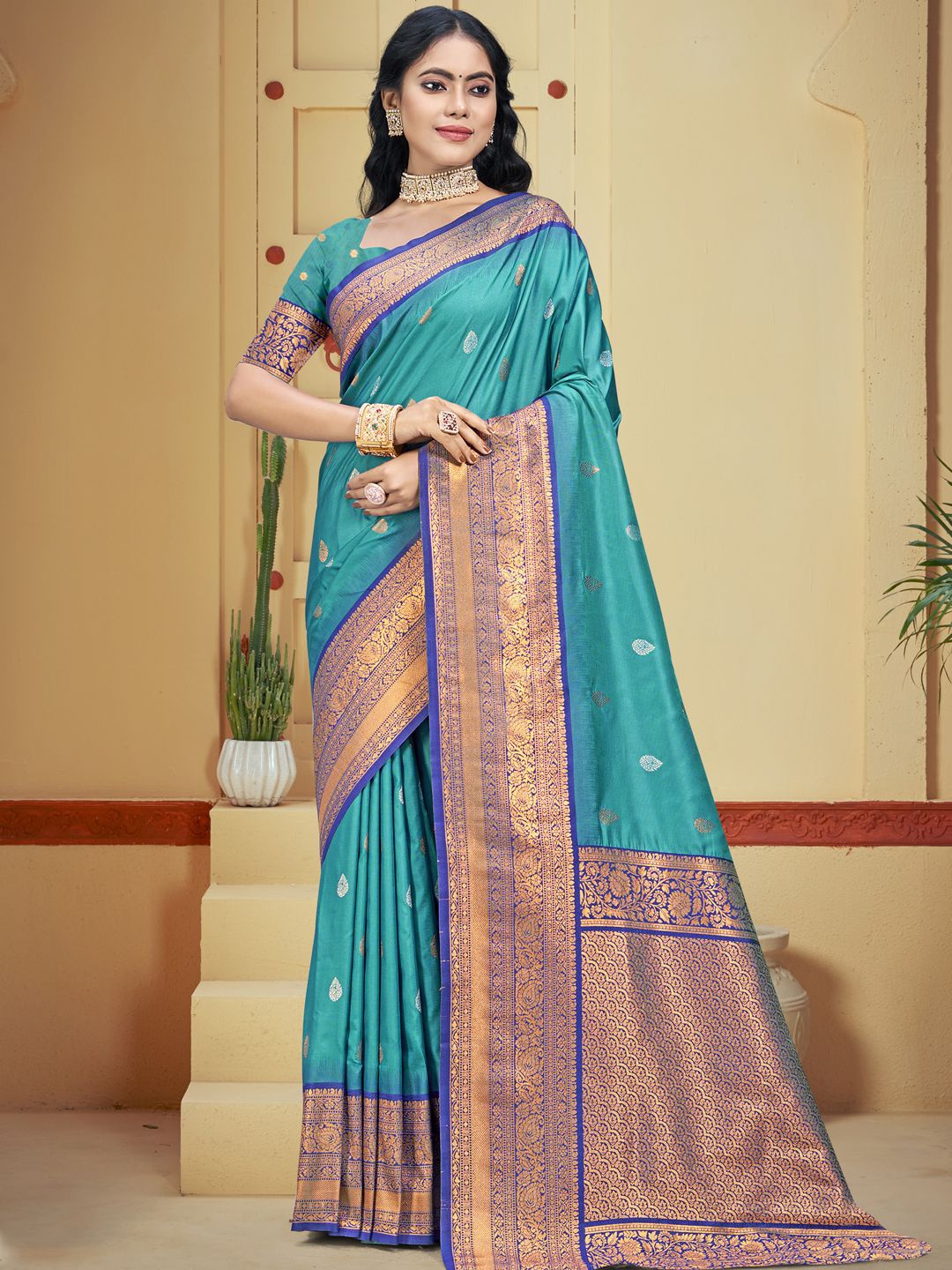 

SANGAM PRINTS Woven Design Silk Blend Designer Tussar Saree, Blue