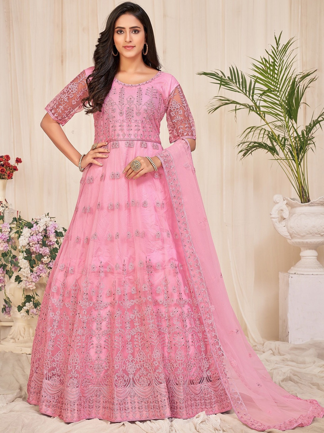 

Warthy Ent Embroidered Semi-Stitched Dress Material, Pink