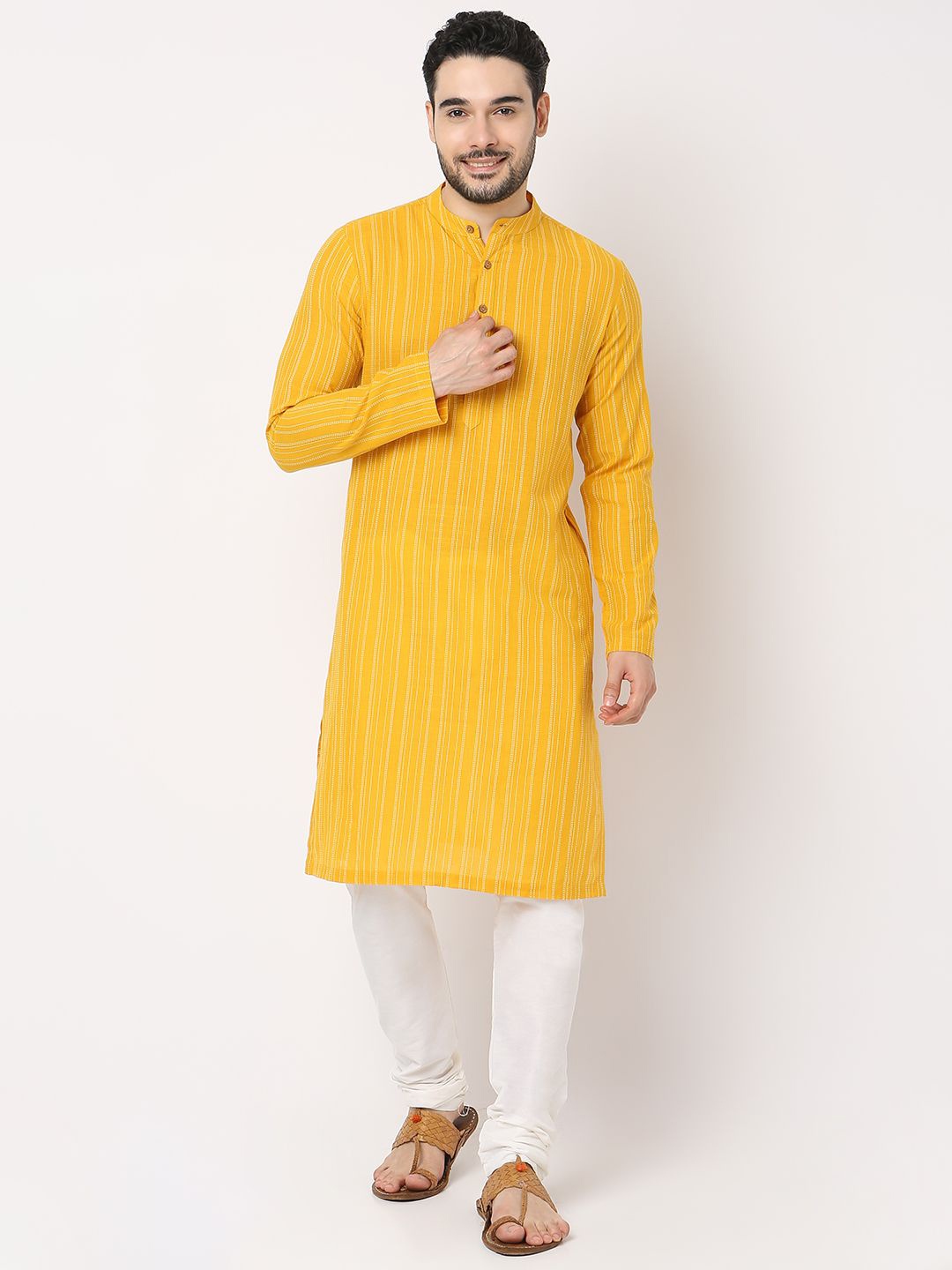 

Ethnicity Men Striped Thread Work Kurta, Yellow