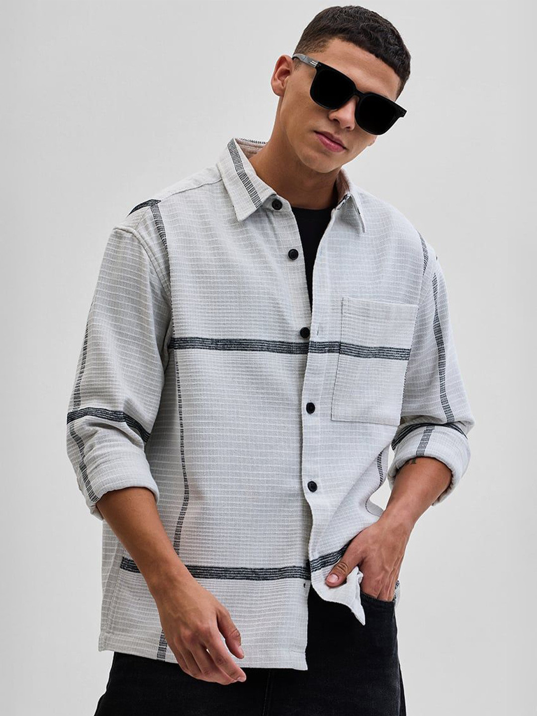 

Snitch Men Checked Open Front Jacket, Grey