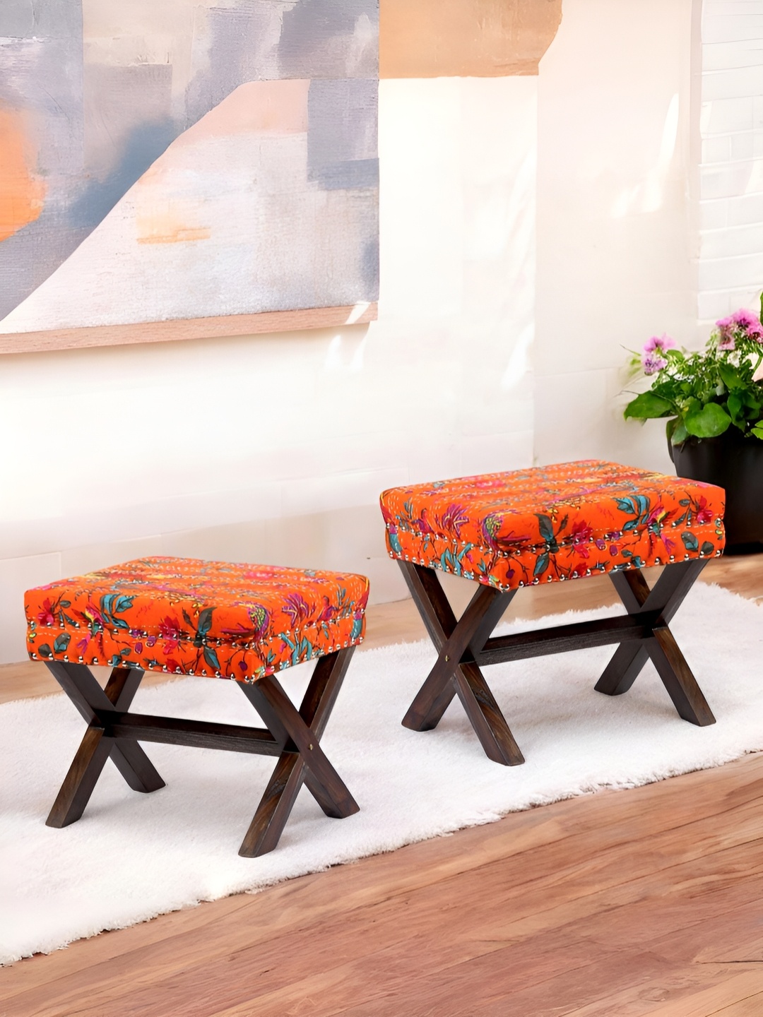 

Ikiriya 2-Pcs Orange & Blue Printed Wooden Cotton Rectangle Ottomans