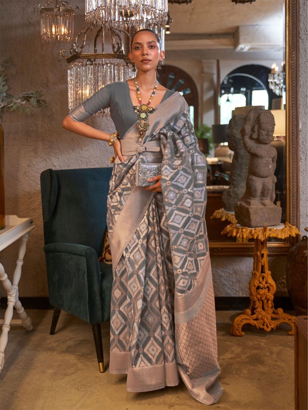 

ODETTE Woven Design Zari Linen Blend Saree, Grey