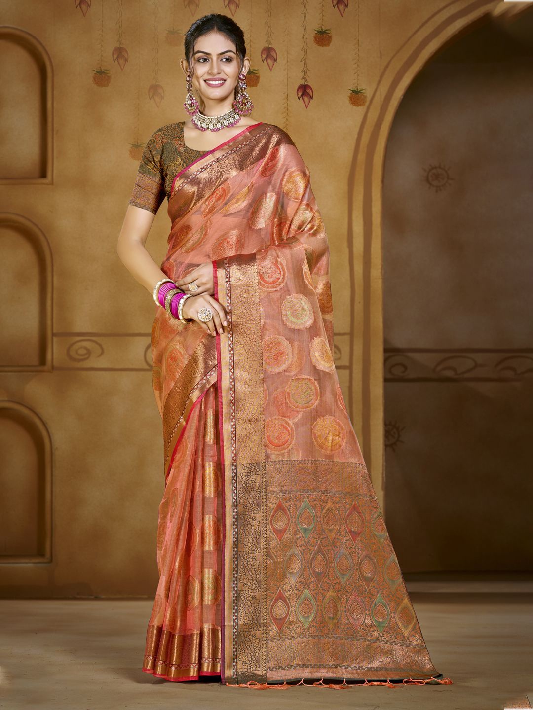 

SANGAM PRINTS Woven Design Organza Designer Tussar Saree, Pink