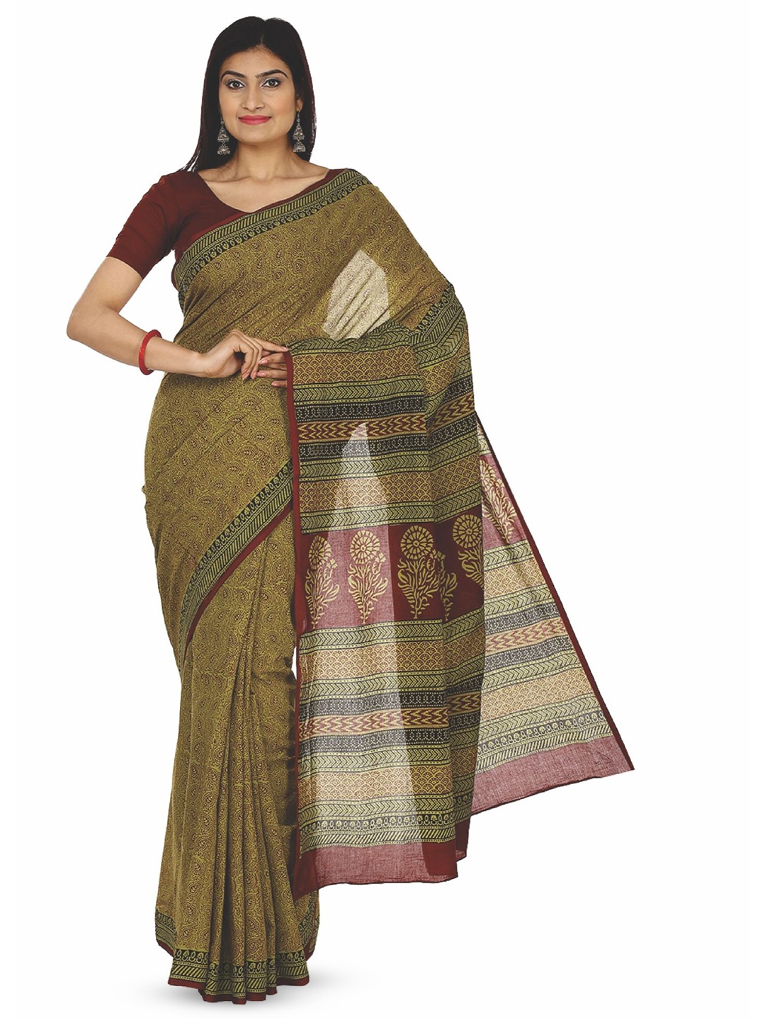 

Kalakari India Floral Pure Cotton Bagh Saree, Olive