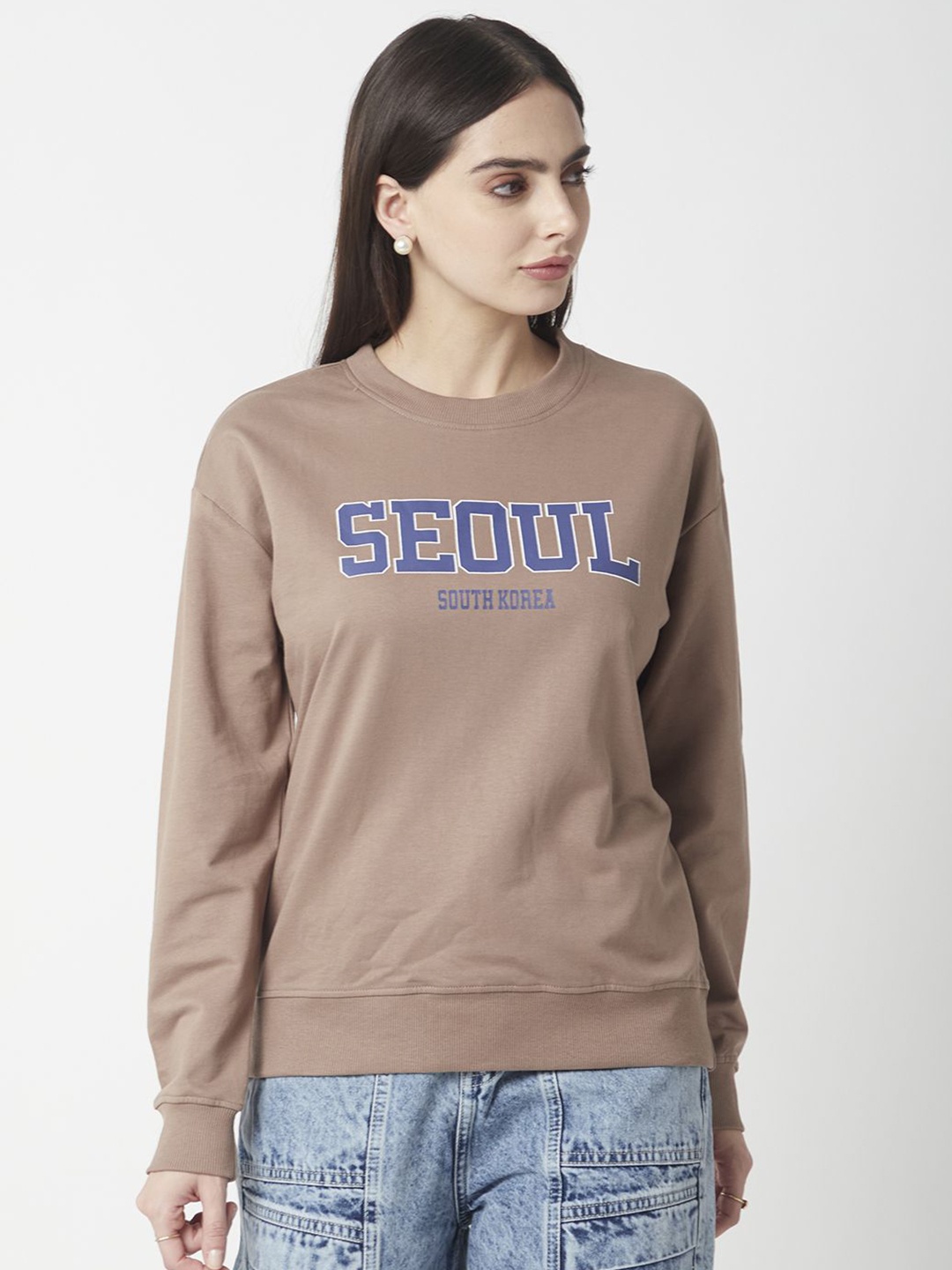 

R&B Women Cotton Graphic Printed Round Neck Sweatshirt, Brown