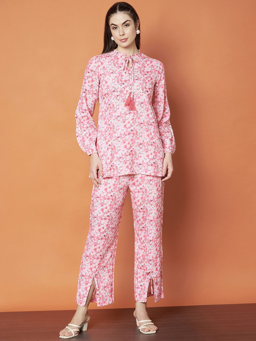 

Slenor Floral Printed High Neck Long Sleeves Pure Cotton Top & Trouser, Pink