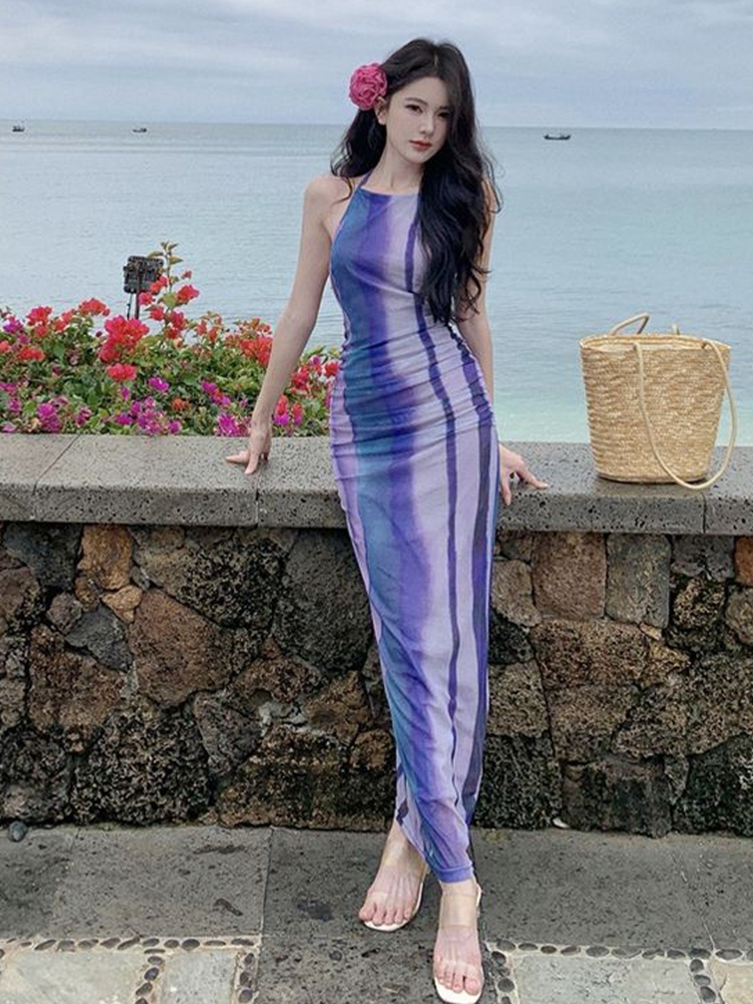 

LULU & SKY Women Printed Halter Neck Maxi Dress, Blue