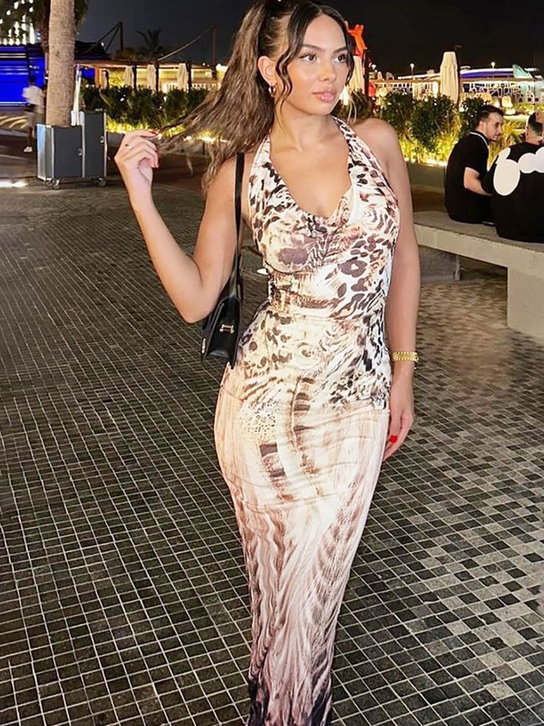 

LULU & SKY Women Animal Printed Halter Neck Maxi Dress, Khaki