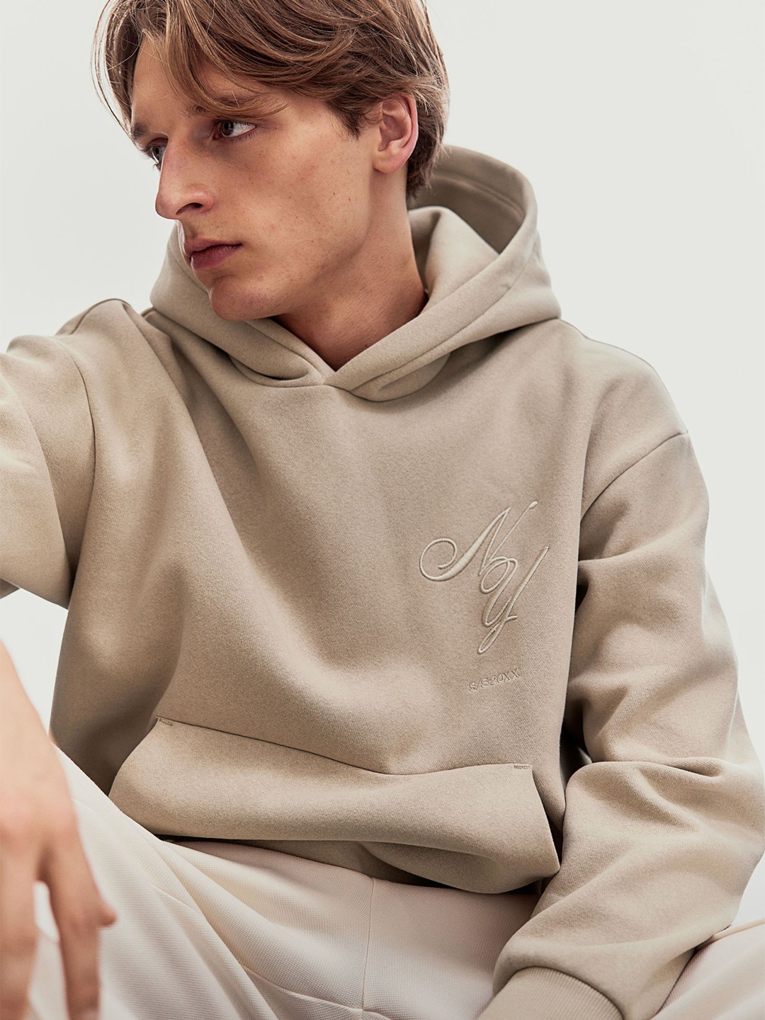 

H&M Loose Fit Printed Hoodie, Beige