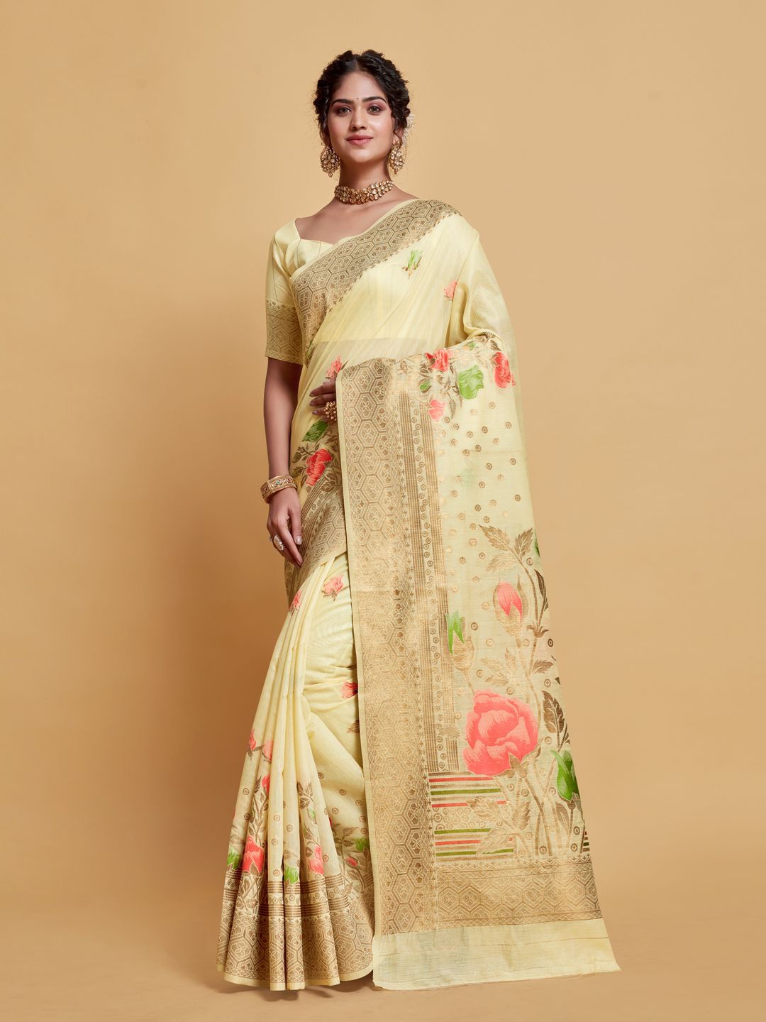 

ISHIKA FAB Floral Zari Silk Blend Saree, Off white