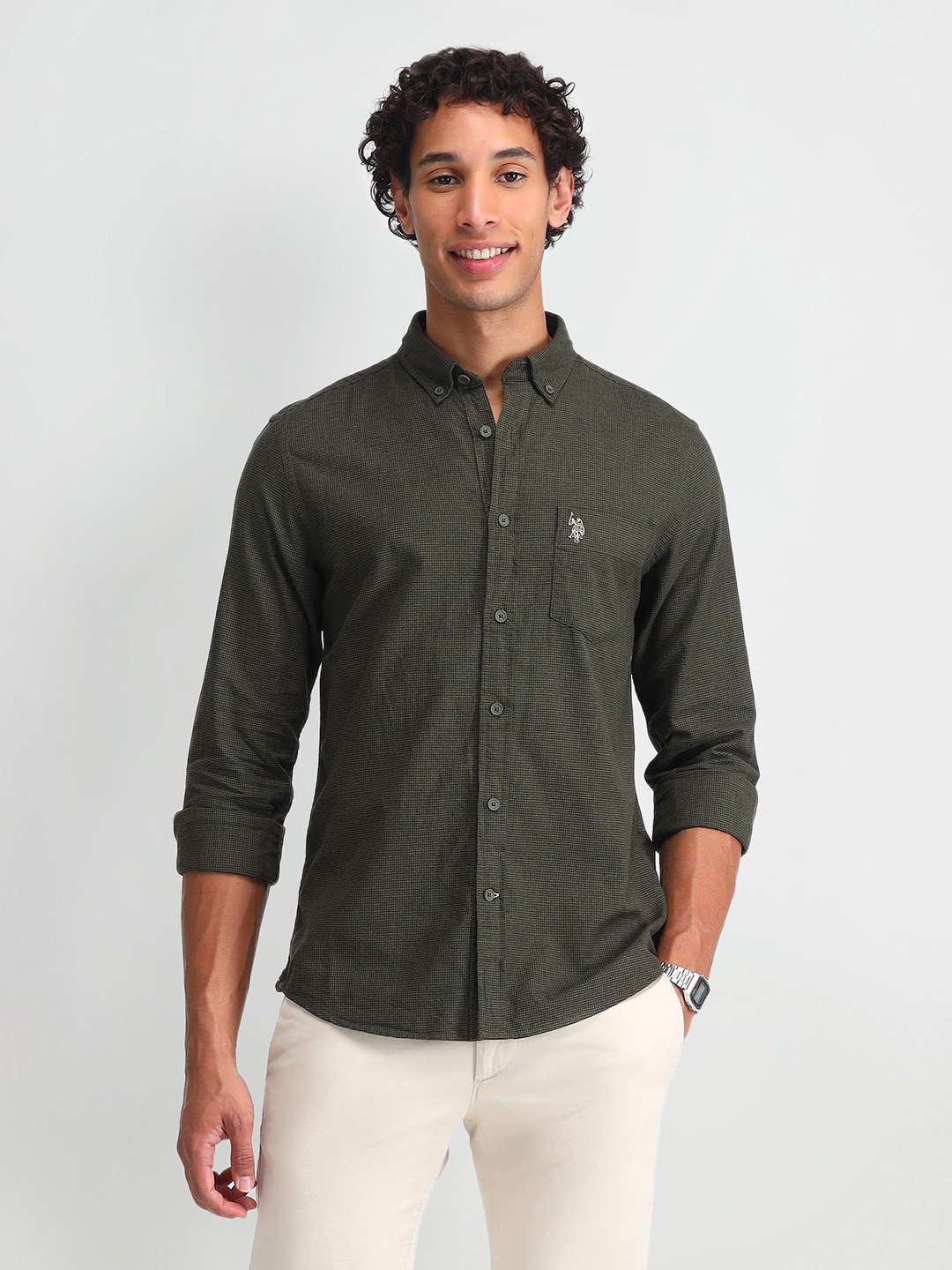 

U.S. Polo Assn. Denim Co. Men Smart Slim Fit Opaque Checked Casual Shirt, Green