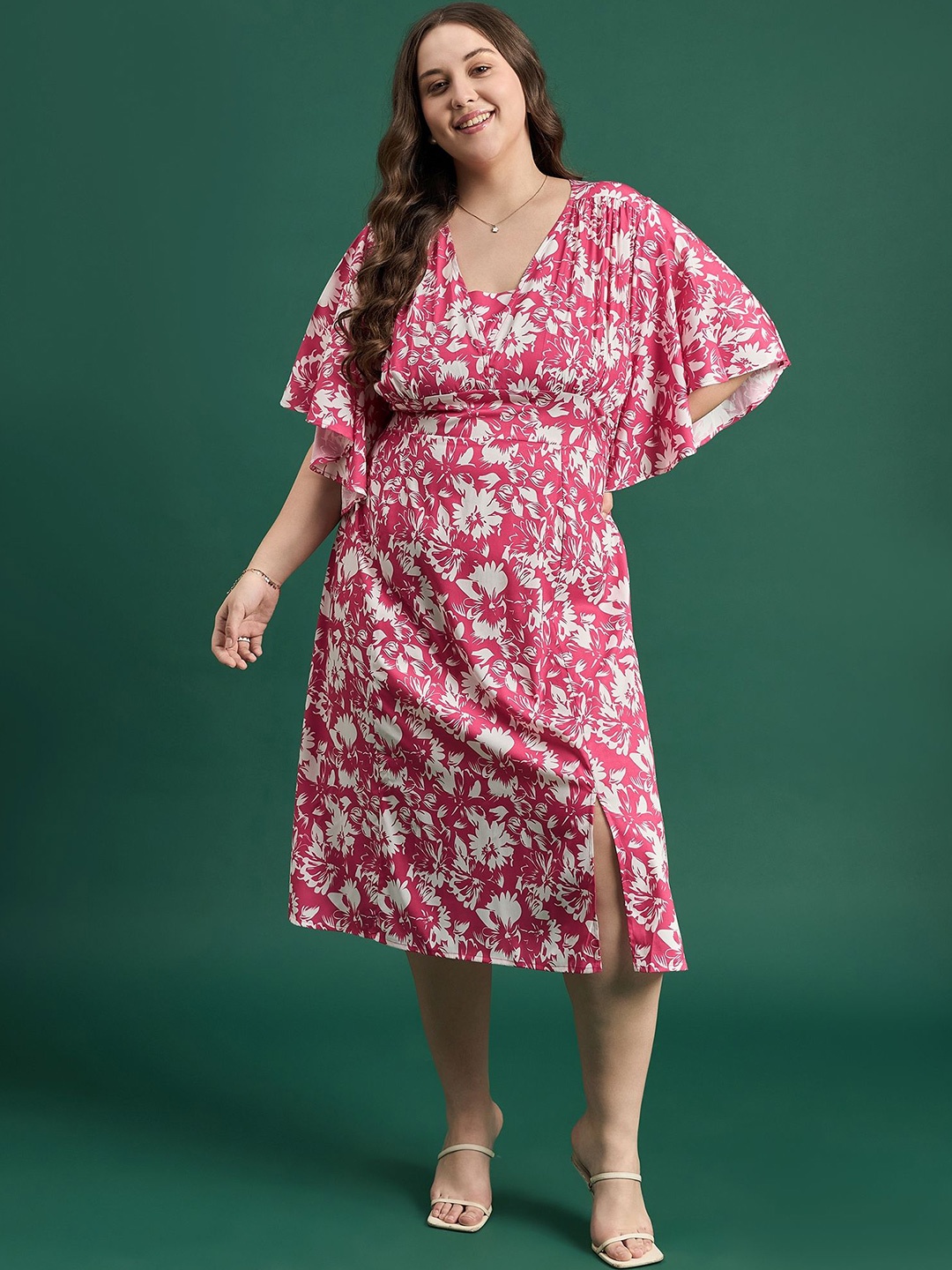 

DressBerry Curve Women Floral Printed Side Slit A-Line Dress, Pink
